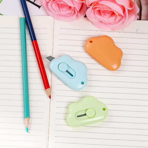 6 Pcs Mini Retractable Utility Knife Cloud Pocket Box Cutters Plastic Letter Opener Slide Open with Keychain Hole for Box Letter Envelope, Cloud S...