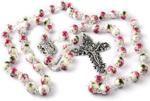 HanlinCC 8mm Round Ceramic Beads with Flower Painting Catholic Rosary Necklace with Maria Center piece and Flower Cross with Leather Gift Box...