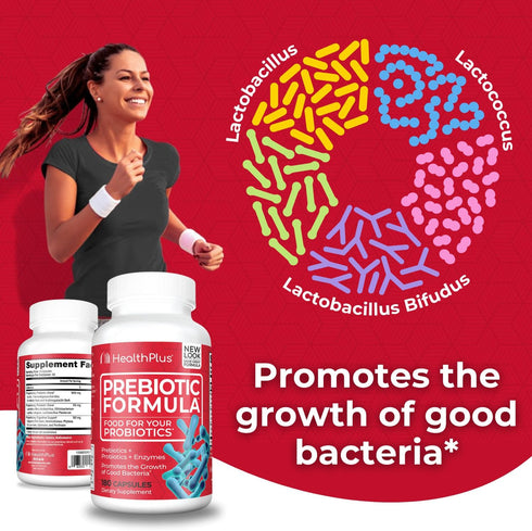 Health Plus Prebiotic Formula - Probiotics + Prebiotics + Digestive Enzymes - Gluten Free, Dairy Free, Natural Herbal Ingredients (180 Capsules, 6...