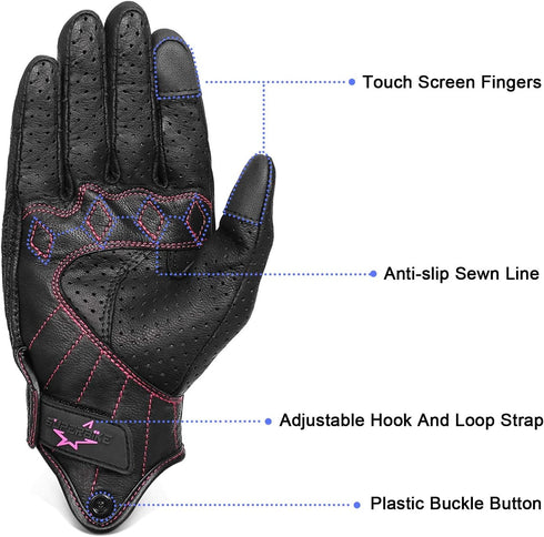 Women ’s Touchscreen Motorcycle Gloves Full Finger Black Leather Armored Ladies Motorbike Gloves (G01W-Black Leather with Rose Line, M)...