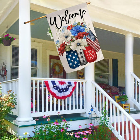4th of July Floral House Flag 28 x 40 Vertical Double Sided Patriotic Mason Jar Flowers Red Blue Memorial Day Independence Day Holiday Outside Dec...