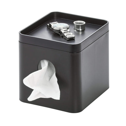 iDesign Facial Tissue Box Cover with Storage Tray, The Cade Collection – 6.1" x 5.15" x 5.4", Matte Black...