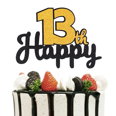 Happy 13th Birthday Black & Gold Glitter Cake Topper | Kids Boys or Girls 13 Birthday Thirteen Years Old Party Decorations....