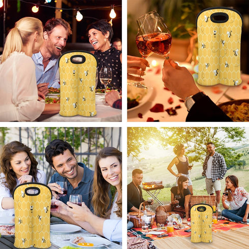 2 Bottle Wine Carrier Tote Bag Cute Bees Insulated Neoprene Portable Bottle Holder Great Gift for Wine Lover, Great for Picnics Travel BYOB, Outdo...