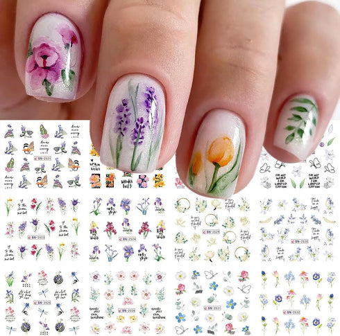 12 Sheets Flower Nail Stickers Decals Spring Summer Nail Art Stickers Floral Butterfly Dragonfly Water Transfer Nail Decals Colorful Nail Art Supp...