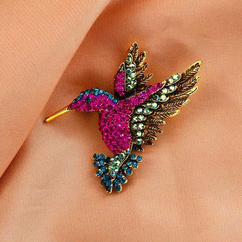 Antique Tone Bird Hummingbird Sparkly Multi Colors Austrian Crystal Pin Brooch Jewelry...