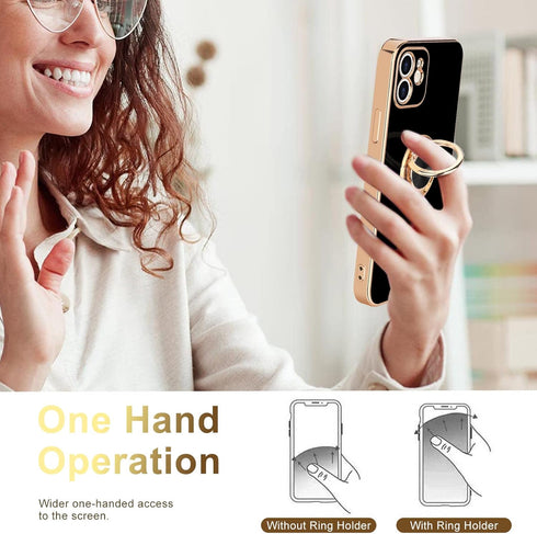 for iPhone 12 Phone Case with 360° Rotatable Finger Ring Holder Kickstand Magnetic Shiny Gold Plated Edge for Women Men Shockproof Soft TPU Protec...