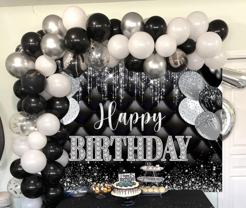 Black Silver Happy Birthday Banner Backdrop 7x5FT Black and Silver Party Decorations Silver Glitter Birthday Background for Women Men Birthday Par...