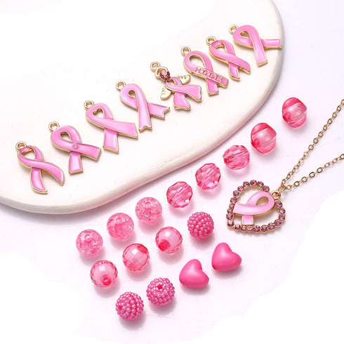 820PCS+ Breast Cancer Awareness Beads Charms for Jewelry Making, Enamel Pink Ribbon Charms Assorted Pink Loose Beads Letter Beads for Bracelet Nec...