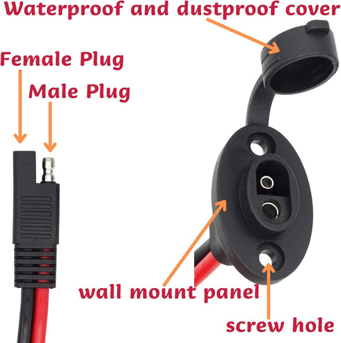 SAE Connector 12AWG 1FT 2-Pack SAE Cable to SAE Power Socket Sidewall Port Waterproof SAE Battery Connector for Motorcycle, Boat, Solar Panel (1FT...