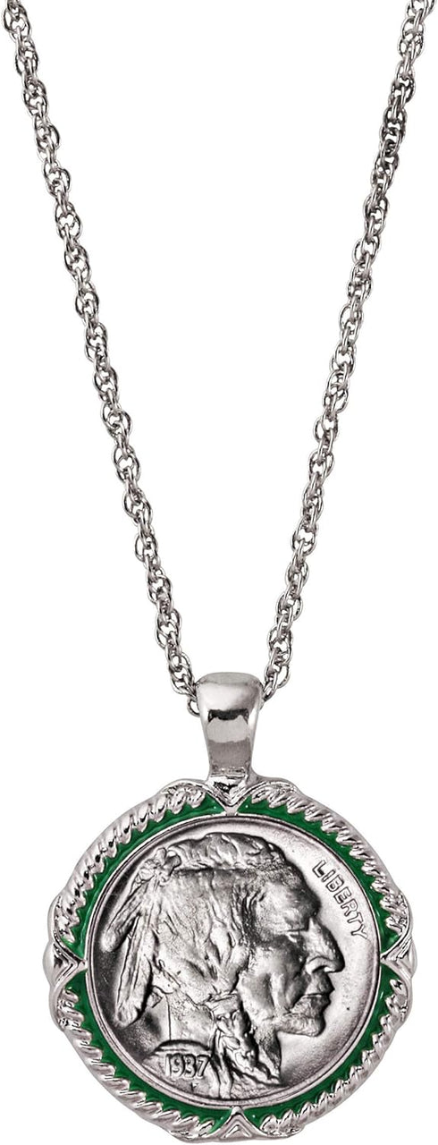 American Coin Treasures Buffalo Nickel Coin Pendant Necklace with Green Enamel | Silvertone 24" Rope Chain for Men & Women | Lobster Claw Clasp | ...