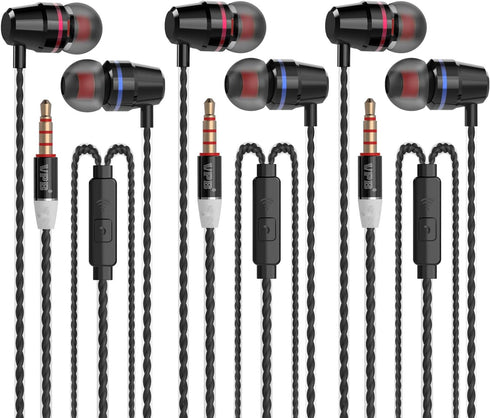 3 Packs Metal Wired Earbuds, Earphones with Remote & Microphone, Deep Bass Clear Sound, Tangle Free, Noise Isolating, Fits 3.5mm Jack iPhone iPad ...