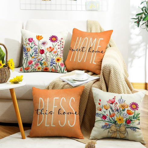 Throw Pillow Covers 18x18 Set of 4 Spring Summer Pillow Covers Floral Farmhouse Cushion Cases for Sofa Couch Living Room Outdoor Home Decor...