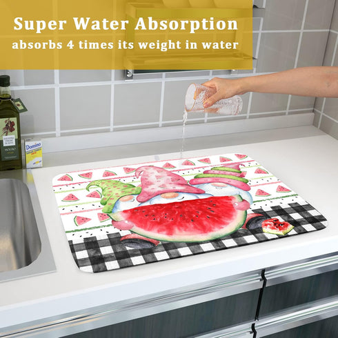 Summer Gnomes Dish Drying Mat 18x24 Inch ,Watermelon Fruit Buffalo Plaid Kitchen Dry Mats with Loop Absorbent Foldable Dishes Pad for Sink Counter...
