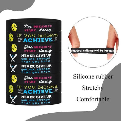 Sumind 36 Pcs Softball Motivational Bracelets Softball Themed Inspirational Stretch Silicone Rubber Wristbands with Motivational Sayings for Sport...