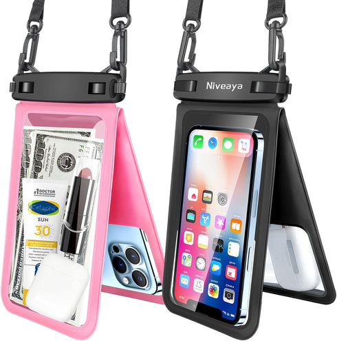 Niveaya Double Space Waterproof Phone Pouch - 2 Pack, Waterproof Phone Lanyard Case with iPhone 15/14/13/12 Pro Max up to 7", Phone Dry Bags for V...