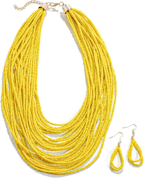 African Bead Necklace Earring Sets Yellow Bib Seed Statement Chunky Collar Multi Strand Boho Jewelry Accessories for Women...