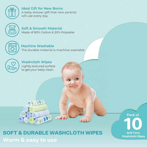 Spasilk Washcloth Wipes Set for Newborn Boys and Girls, Soft Terry Washcloth Set, Pack of 10, Blue Dots...