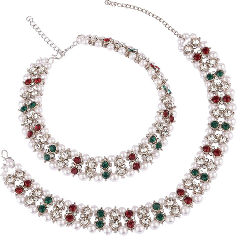 Efulgenz Indian Silver Anklets Bollywood Crystal Faux Kundan Pearl Ghungroo Anklets Wedding Bridal Anklet Pair Payal Bracelet Jewelry Indian Jewel...