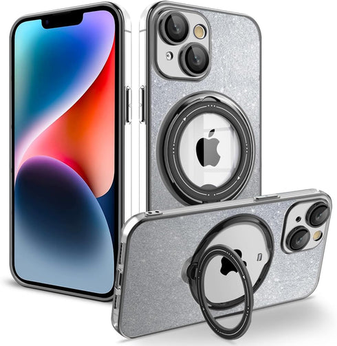 for iPhone 15 Plus Case Glitter with Rotatable Ring Stand Compatible with MagSafe, Plating Bling Clear Case with Camera Lens Protector Slim Phone ...