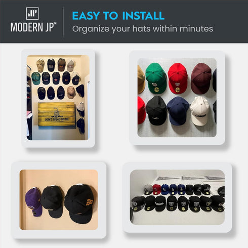 Modern JP Adhesive Hat Hooks for Wall (16-Pack) - Minimalist Hat Rack Design, No Drilling, Strong Hold Hat Hangers - USA Patented, Black...