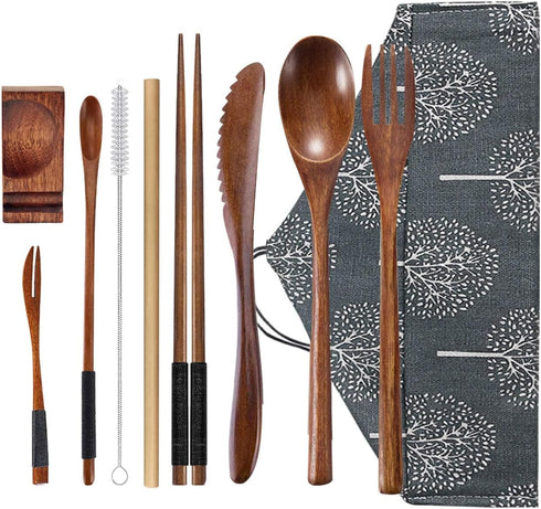Wooden Utensil Flatware Set Reusable Utensils Travel Cutlery Set for Eating with Case, 10 Pcs Wooden Spoon and Fork Set Bamboo Flatware Set...
