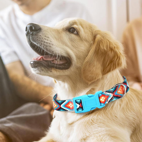 Dog Collar for Small Dogs with Blue African Tribal Mexican Native Boho Pattern, Adjustable Pet Collars for Girl Boy Puppy Dogs XS Small Medium Lar...