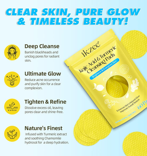 Kojic Acid Cleansing Pads,Kojic Acid and Turmeric Cleansing Pads for face,Turmeric Kojic Acid Lemon Chamomile Pads with Natural Ingredients,All Sk...