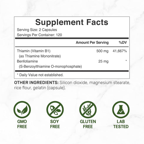 Vitamin B1 500mg with Benfotiamine, 240* Capsules – Fat & Water Soluble Thiamine B1...