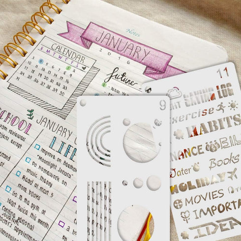 Journal Stencil Set for Dotted Journals, Journalling Supplies/Accessories Kit Includes Daily/Weekly/Monthly Calendars, Icon, Chart, Numbers,Shape...