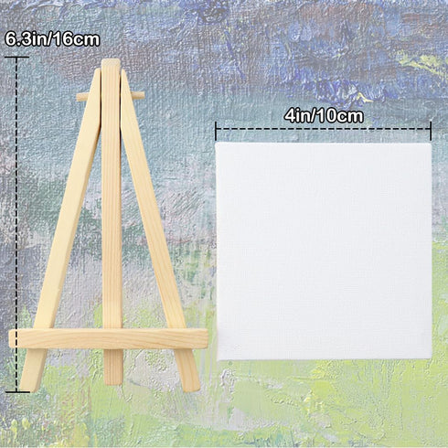 WYBG 4 Pieces Mini Canvases for Painting with Easel Set, 3x3 Inch Stretched White Blank Canvas Panels Wood Easels Small Canvas with Easel Small Ca...