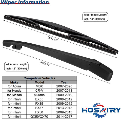 Rear Wiper Arm Blade Set for Honda CRV 2007-2011, for Acura MDX 2007-2020, for Nissan Murano 2009-2010, for INFINITI EX35 EX37 QX50 QX70 2008-2017...