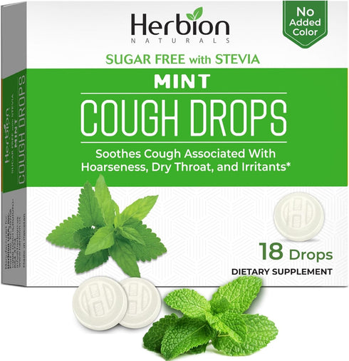 HERBION Naturals Cough Drops, Sugar Free with Stevia, Dietary Supplement, Soothes Cough, for Adults & Children Over 6 Years, 18 Count, Mint, Pack ...