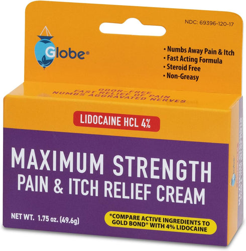Globe (2 Pack) Lidocaine 4% Multi-Symptom Relief Cream 1.75 oz, Numbs Away Pain & Itch, Steroid Free Non-Greasy Formula (Compare to Gold Bond w/Li...