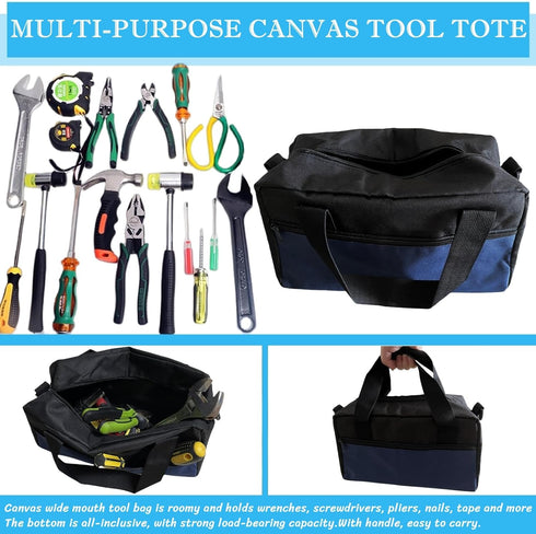 14 Inch Wide Mouth Tool Bag, Oxford Tool Tote Bag for Men, Large Capacity Handbag for Electricians, Multi-function Tool Organizer Pouch Storage Wr...
