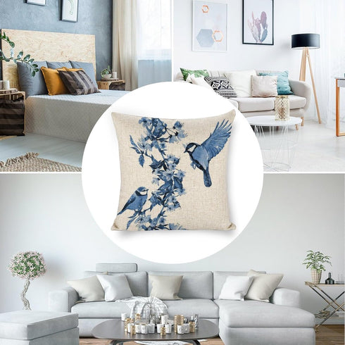 Chinoiserie Pillow Cover Blue Cherry Blossom and Birds Cotton Linen Decorative Throw Pillow Case Cushion Cover for Bedroom Sofa Living Room Couch ...