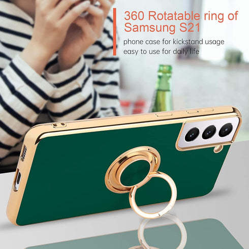 Compatible with Samsung Galaxy S21 Case, Finger Ring Holder Case Rose Gold Plating Design for Women Girls Rotating Holder Kickstand Magnetic Shock...