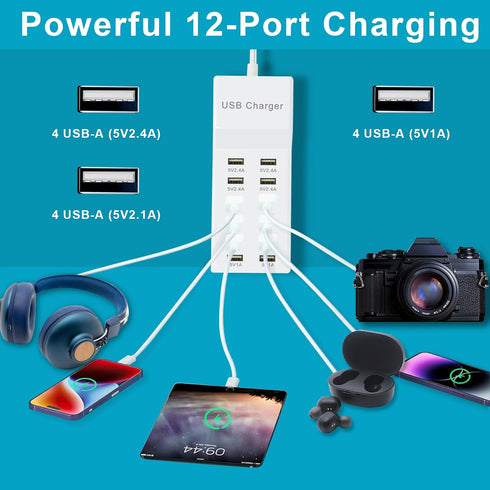 USB Charger 12 Port USB Charging Station Charging Hub with Fast Charging USB Wall Charger for Multiple Devices USB Charging Port Compatible with C...
