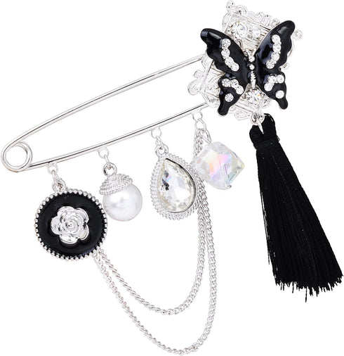 Black Enamel Crystal Butterfly Large Safety Pins Brooch with Tassel Camellia Pearl Charm 3.2" L...