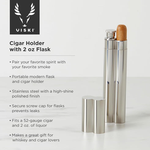 Viski Stainless Steel Cigar Holder with 2 oz Liquor Flask, Slim & Elegant Single Cigar Case with Pocket Flask for Men, Perfect for Whiskey, Bourbo...
