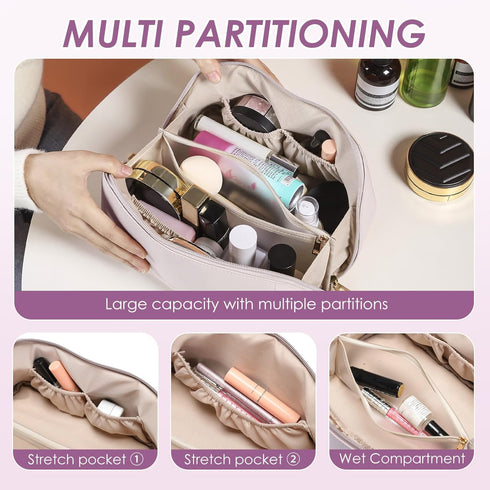 Travel Makeup Bag,Large Capacity Cosmetic Bags for Women,Waterproof Portable Pouch Open Flat Toiletry Bag Make up Organizer with Divider and Handl...