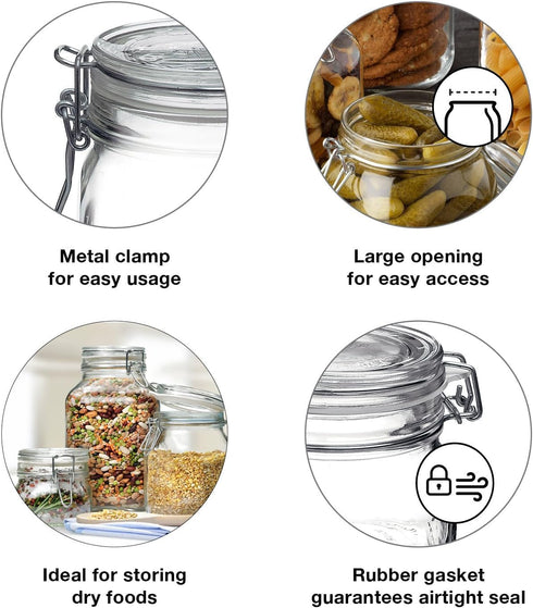 Bormioli Rocco Fido Wide Mouth Glass Jar with Airtight Gasket Clamp Lid for Canning and Food Storage, Clear Top, 101.5 oz....