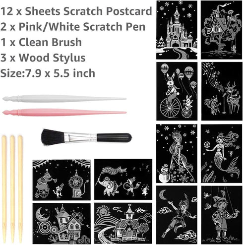 Magic Scratch Art Paper(7.9"x5.5") Rainbow Landscape Engraving Art Mini Scratchboard DIY Pads for Adults and Kids, Crafts Set: 12 Sheets Scratch P...