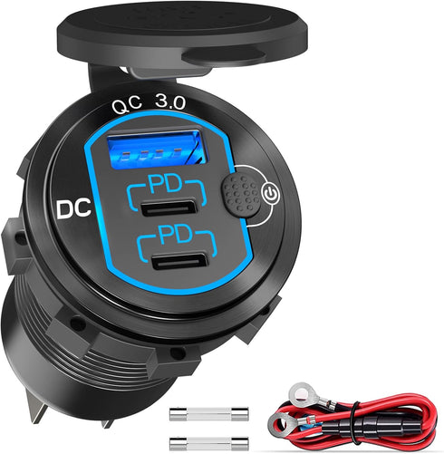 12V USB Outlet 78W for iPhone Qidoe Dual 60W PD&18W QC3.0 Dual USB Charger Socket with Switch Waterproof Aluminum Power Outlet for Marine Motorcyc...