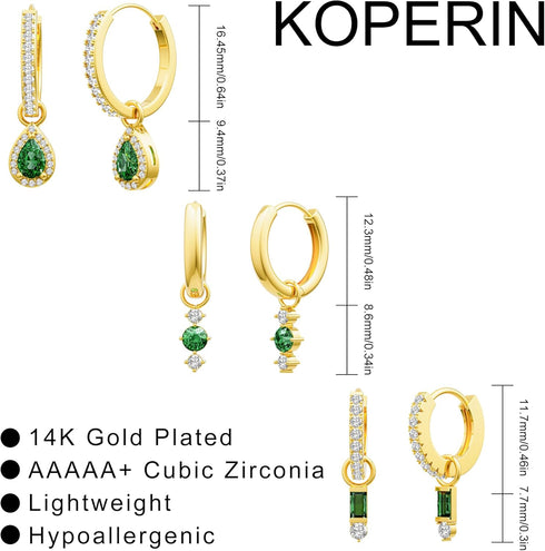 2/3 Pairs Dainty Small 14K Gold Plated Hoop Earring Set - Trendy Emerald Color CZ Drop Huggie Earrings for Women Jewelry Gift...