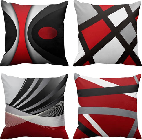 Emvency Set of 4 Throw Pillow Covers Modern Abstract Red Stripes Gray Black White Acrylic Bold Grey Decorative Pillow Cases Home Decor Square 22x2...
