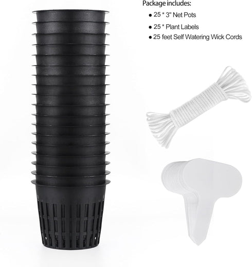 ORIMERC 25 Pack 3 inch Net Cup Pot with 25 feet Hydroponic Self Watering Wick & 25 Pcs Plant Label Aquaponics Mason Jar Insert Orchid Rimmed Nette...
