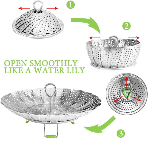 Steamer Basket Stainless Steel Vegetable Basket Metal Handle Folding Silicone Feet Steamer Insert for Cooking Veggies Fish Seafood Include Safety ...
