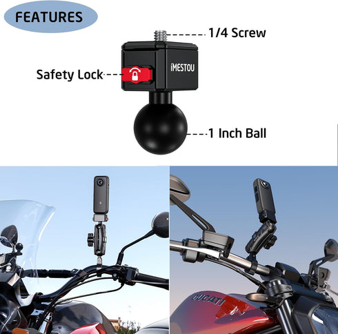 iMESTOU Sports Camera Riding Mount with 1/4 Screw for Insta 360 Action Camera Installing and 1“ Ball Head 360° Adjustable Fits for RAM iMESTOU...1...