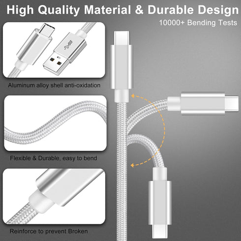 Vortex PD10GB3A-2-2-SILVER Type-C Data Cable 3A Fast Charging USB3.2 Universal Mobile Phone Tablet Nylon Braid USB Charging Cable (2 pcs Pack)(Sil...